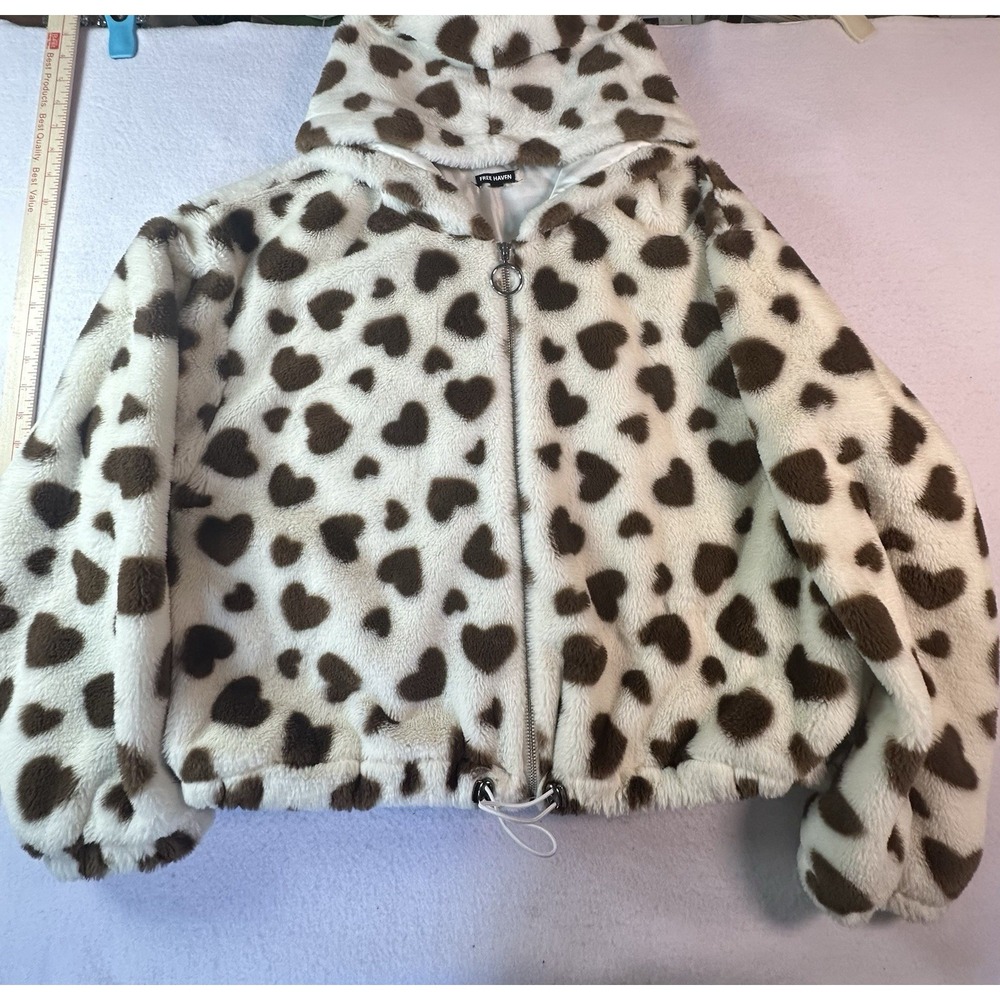 Free Haven Size Large Polkadotted Heart Zip Up Jacket With Hood